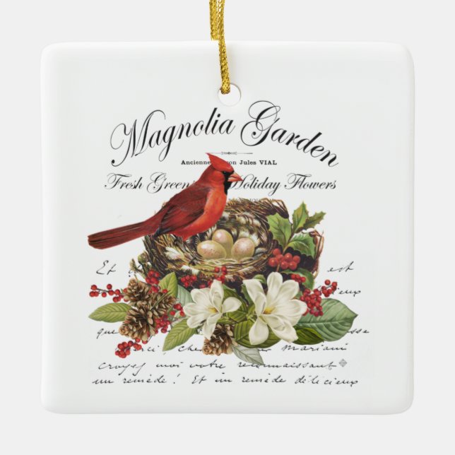 Modern Vintage Christmas Cardinal Ceramic Ornament (Front)