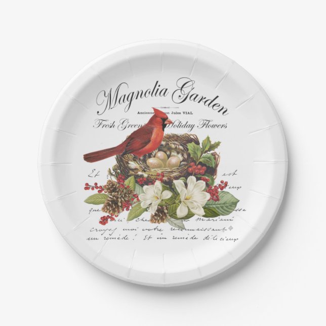 Modern Vintage Christmas Cardinal Paper Plates (Front)