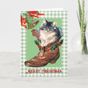 Modern Vintage Christmas Kitten in Boot Sage Plaid Card
