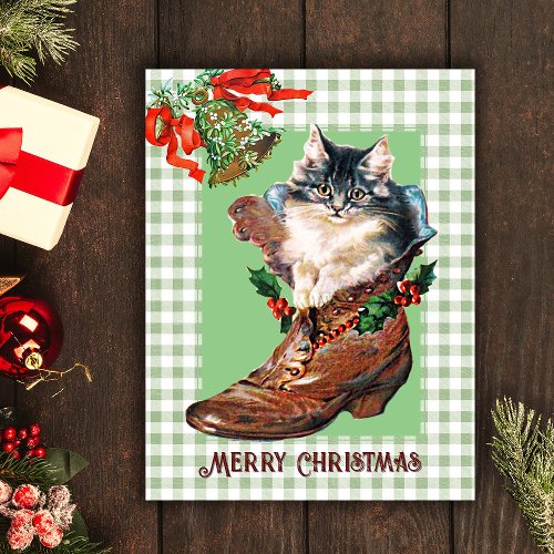 Modern Vintage Christmas Kitten in Boot Sage Plaid Holiday Postcard
