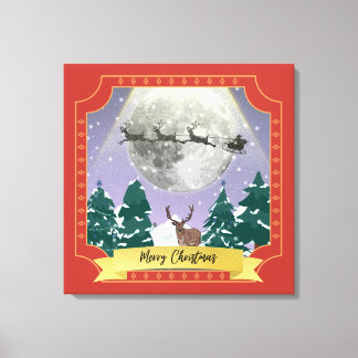 Modern Vintage Christmas Night with Santa Reindeer Canvas Print