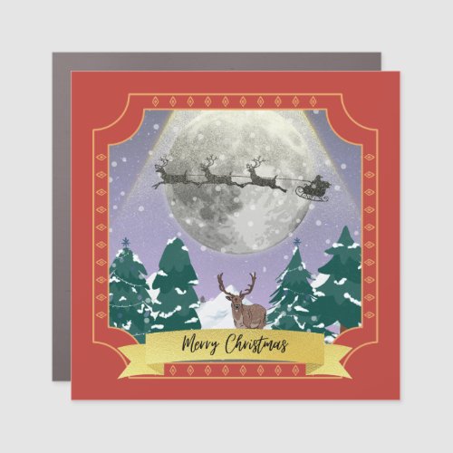 Modern Vintage Christmas Night with Santa Reindeer Car Magnet