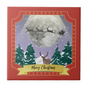 Modern Vintage Christmas Night with Santa Reindeer Ceramic Tile