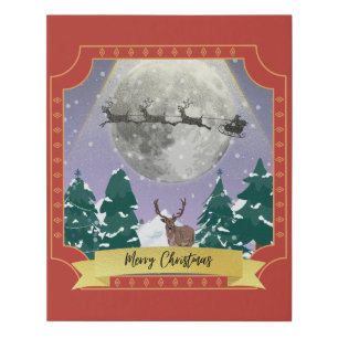Modern Vintage Christmas Night with Santa Reindeer Faux Canvas Print