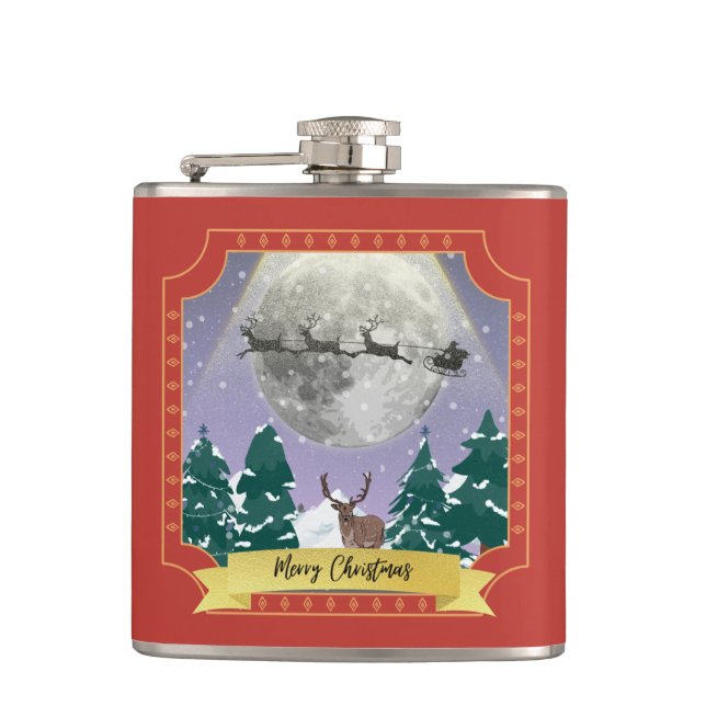 Modern Vintage Christmas Night with Santa Reindeer Flask (Front)