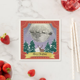 Modern Vintage Christmas Night with Santa Reindeer Napkins