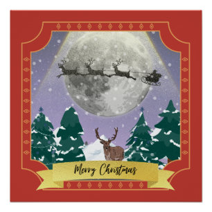 Modern Vintage Christmas Night with Santa Reindeer Poster