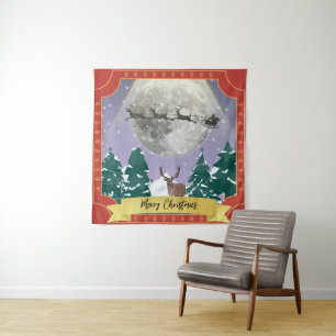 Modern Vintage Christmas Night with Santa Reindeer Tapestry