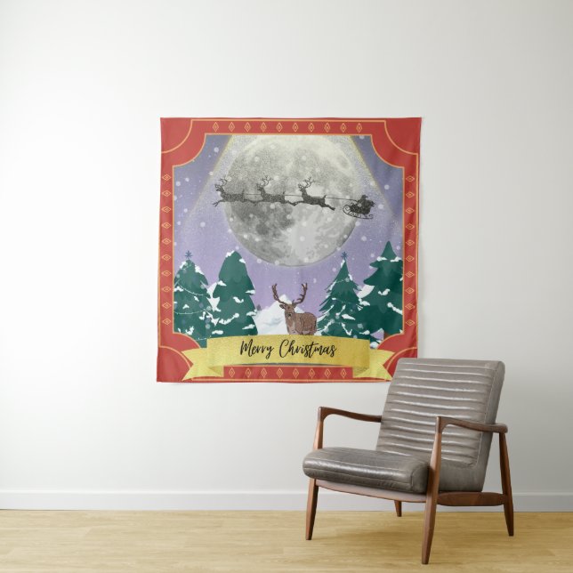 Modern Vintage Christmas Night with Santa Reindeer Tapestry (In Situ)