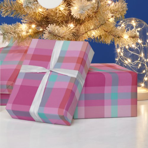 Modern Vintage Christmas Plaid hot pink aqua Wrapping Paper