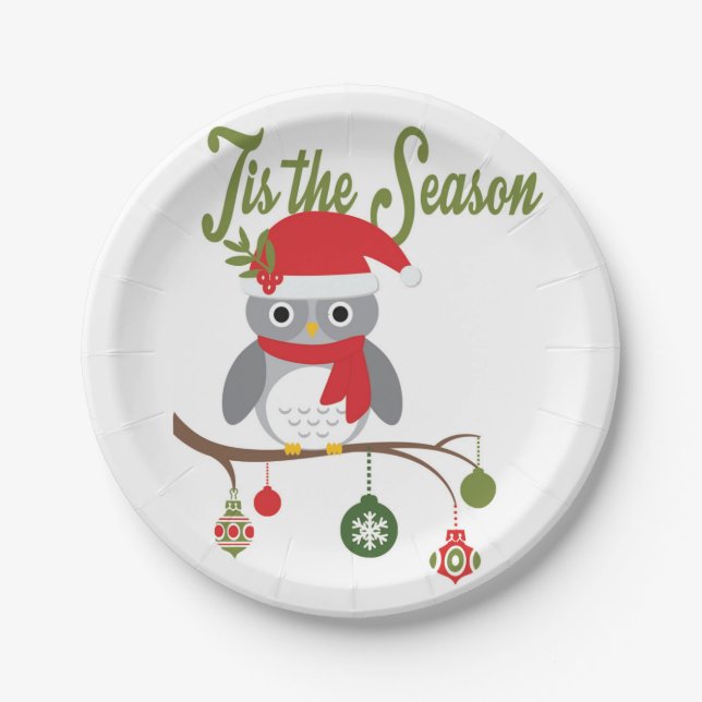 modern vintage christmas woodland owl paper plates (Front)