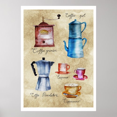 Modern Vintage Coffee Pots Grinder Watercolor Art Poster