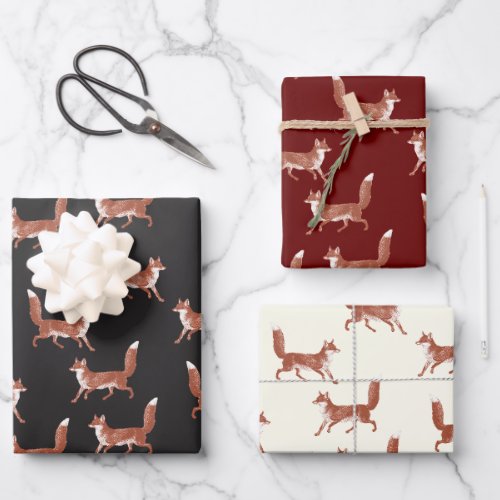 Modern Vintage Cute Fox Pattern Ivory Red Black Wrapping Paper Sheets