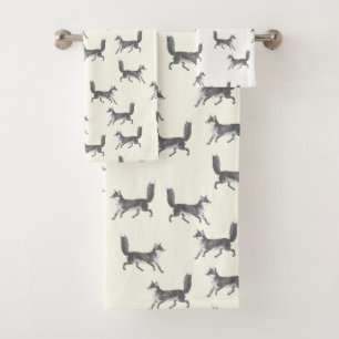 Modern Vintage Cute Gray Fox Pattern on Ivory Bath Towel Set