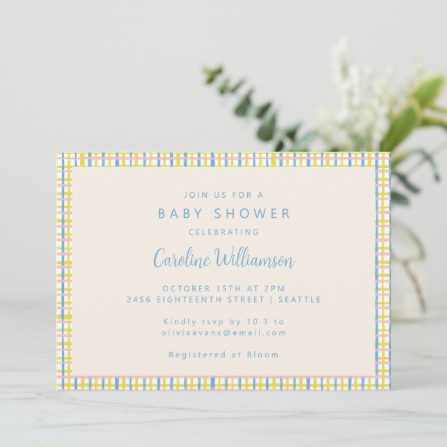 Modern Vintage Cute Pastel Plaid Baby Shower Invitation (Standing Front)