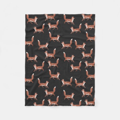 Modern Vintage Cute Red Fox Pattern on Black Fleece Blanket