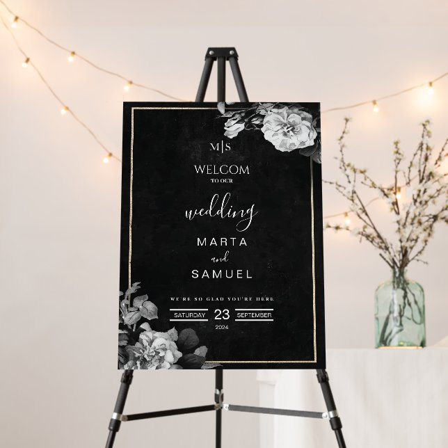 modern vintage dark flowers wedding welcome sign (In Situ (Stand))
