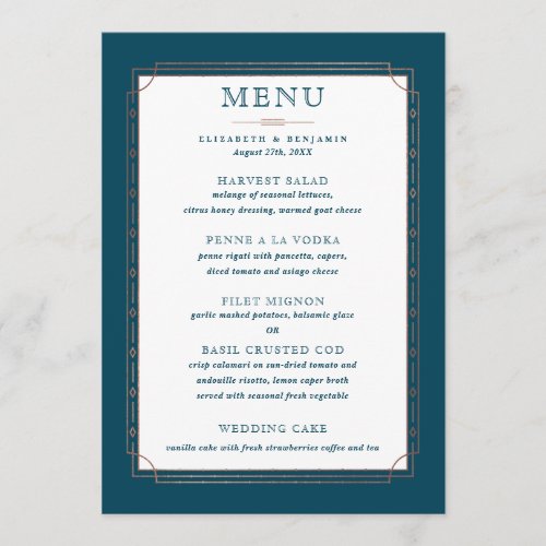 Modern Vintage Dark Teal Rose Gold Foil Wedding Menu