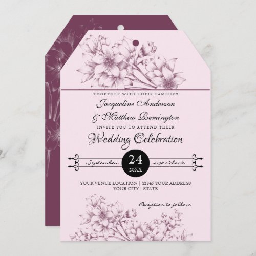 Modern Vintage Drawing Floral Berry Pink Fall Invitation