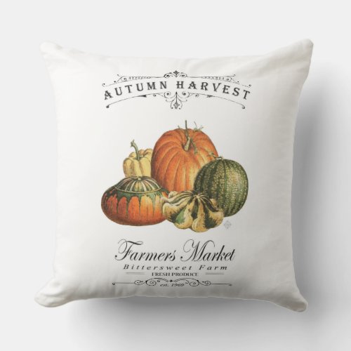 modern vintage fall gourds and pumpkin throw pillow