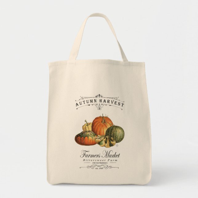 modern vintage fall gourds and pumpkin tote bag (Front)