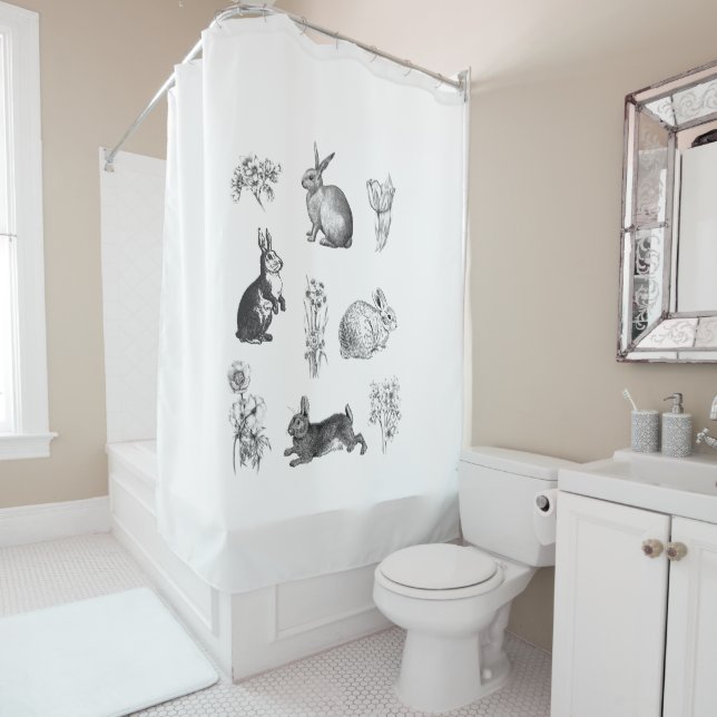 Modern vintage farmhouse Easter rabbits Shower Curtain (In Situ)