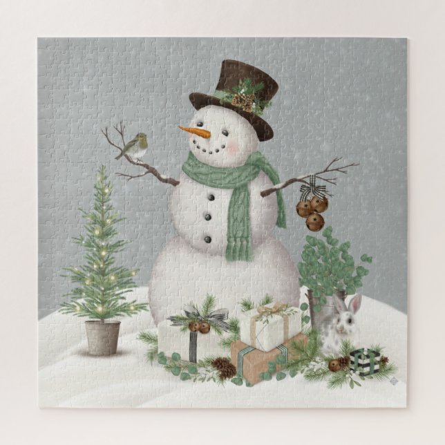 Modern vintage farmhouse winter snowman puzzle (Vertical)