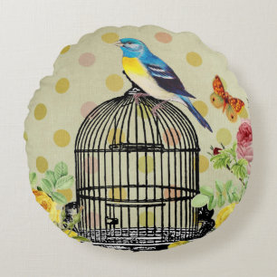 Modern Vintage Floral Bird Cage Ephemera Round Pillow