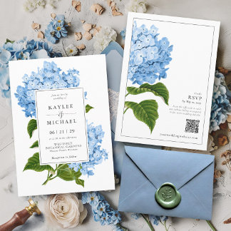 Modern Vintage Floral Blue Hydrangea Wedding Invitation