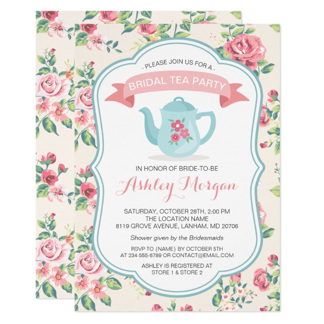 Modern Vintage Floral Bridal Shower Tea Party Invitation