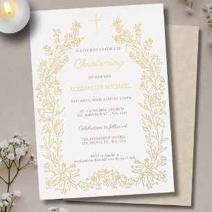 Modern Vintage Floral Christening Foil Invitation