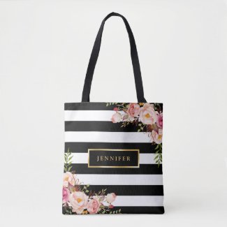 Modern Vintage Floral Classic Black White Stripes Tote Bag