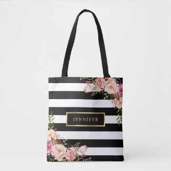 Modern Vintage Floral Classic Black White Stripes Tote Bag by UrHomeNeeds at Zazzle