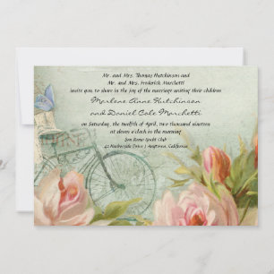 Modern Vintage Floral Pastel Pink Roses Butterfly Invitation