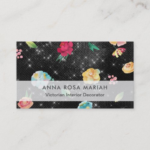  Modern Vintage Floral Pattern Silver Glitter Business Card