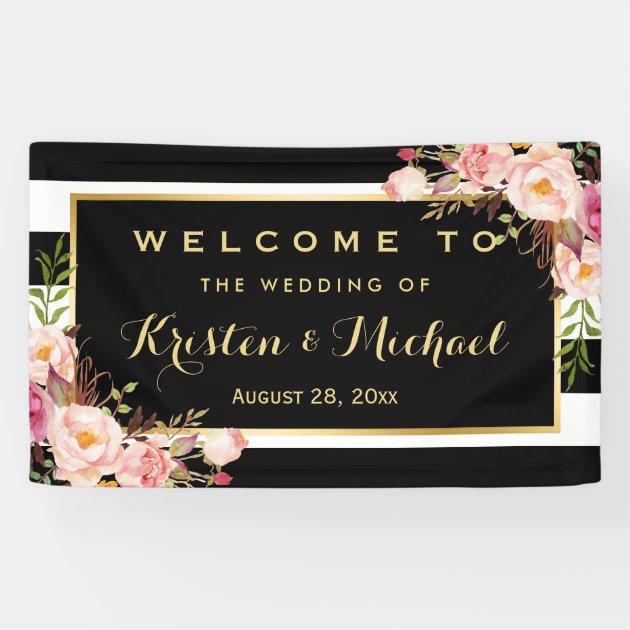 Modern Vintage Floral Stripes Decor Wedding Party Banner