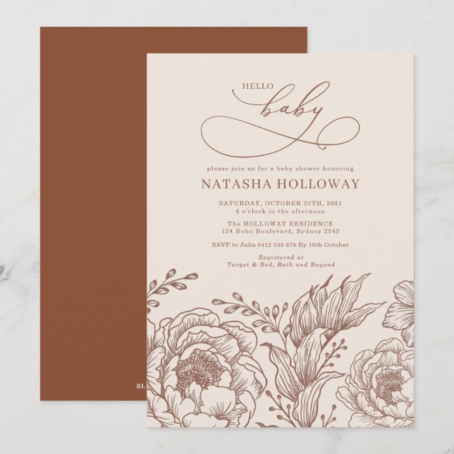 Modern Vintage Floral Terracotta Baby Shower Invitation (Front/Back)