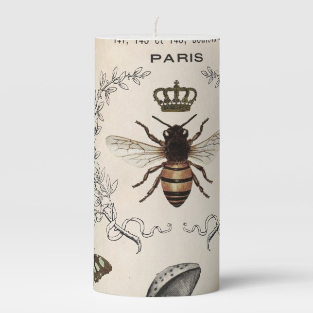 Modern Vintage French Bee garden Pillar Candle (Front)