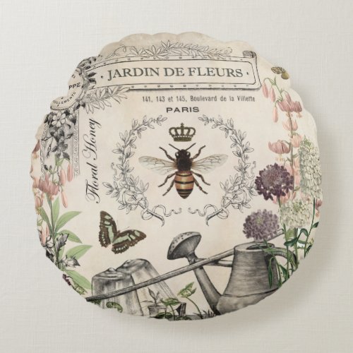 Modern Vintage French Bee garden Round Pillow