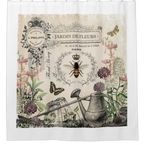 Modern Vintage French Bee garden Shower Curtain