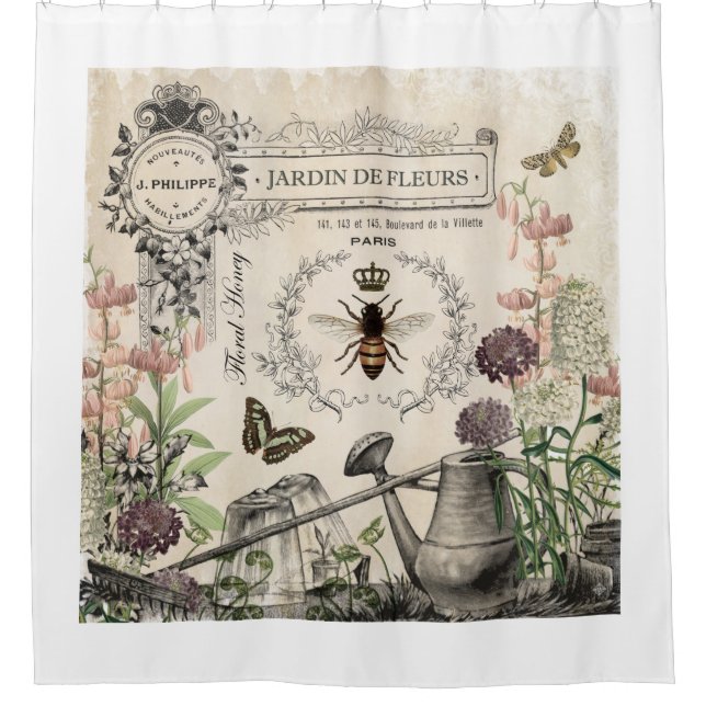 Modern Vintage French Bee garden Shower Curtain (Front)