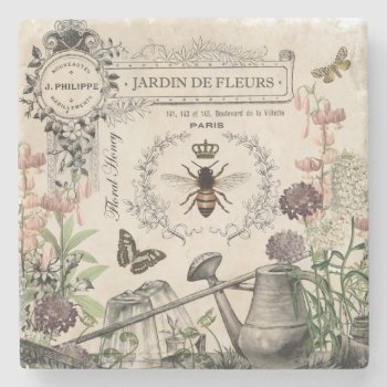 Modern Vintage French Bee Garden Stone Coaster by GIFTSBYHEATHERMYERS at Zazzle
