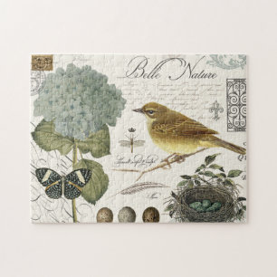 modern vintage French bird and nest Jigsaw Puzzle