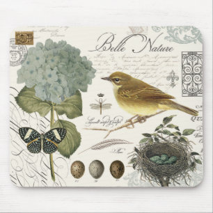 modern vintage French bird and nest Mouse Pad