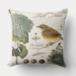 Modern Vintage French Bird And Nest Throw Pillow at Zazzle
