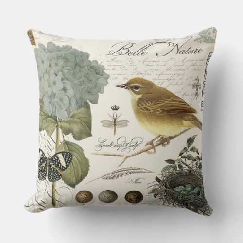 modern vintage French bird and nest Throw Pillow