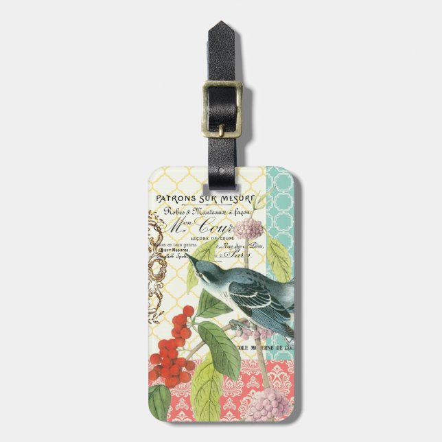 Modern Vintage French Bird luggage tag (Front Vertical)