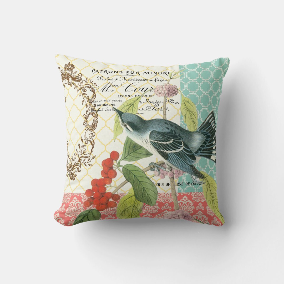 Modern Vintage French Bird pillow Zazzle