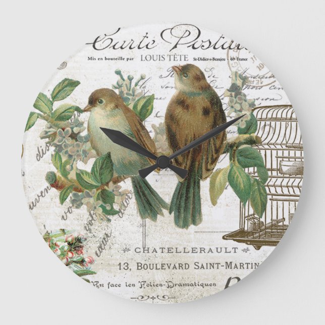 Modern Vintage French birds and birdcage Large Clock (Front)