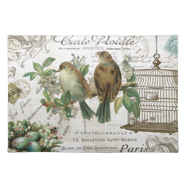 Modern Vintage French birds and birdcage Placemat (Front)